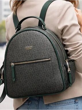 GUESS Dark Gray Monogram Backpack with Green Trim